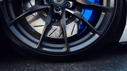Obraz premium Brake system on sport car wheel with blue caliper and metallic disc. High performance automotive technology for road safety. Modern vehicle chassis component and engineering design.