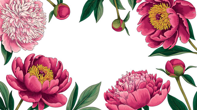 Peony flower frame with lush pink blossoms and green leaves in classic botanical engraving art style. Vector illustration