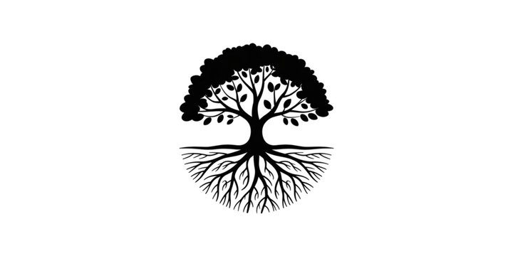 A minimalist black tree silhouette with roots on transparent background