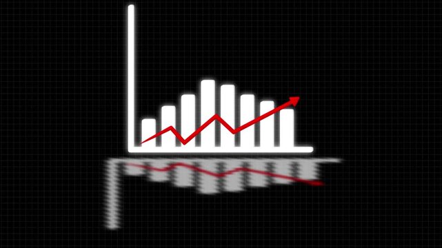Animated White Bar Graph with Red Downward Arrow and Reflection on Black Grid chart bar chart