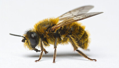 Fototapeta premium Macro view of a yellow and black bee on a white background, showcasing its furry body and transparent wings in a studio setting.
