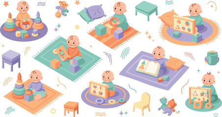 Obraz premium Cute baby learning and play activities vector illustration set with infants stacking blocks, reading books, and engaging in educational nursery scenes.