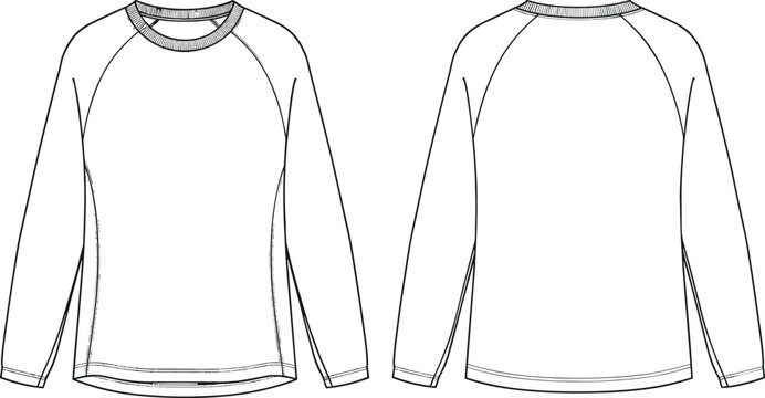Technical fashion sketch of women long sleeve raglan shirt flat lay, vector apparel template, crew neck sweatshirt design, front back,