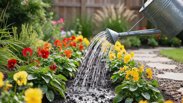 A metal watering can waters flowers in a small garden bed. Brightly colored flowers line the garden edge. Clean outdoor setting shows gravel and grass