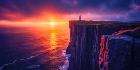 Solitary lighthouse stands atop towering cliffs above the ocean at sunset, with vivid sky colors reflecting on the water and creating a striking coastal scene