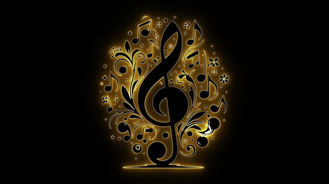 Golden treble clef. Musical notation. Glowing gold art. Elegant melody. Floral music design. Orchestral vibes. Luxury sound art. Rhythmic swirls. Artistic harmony. Music production.
