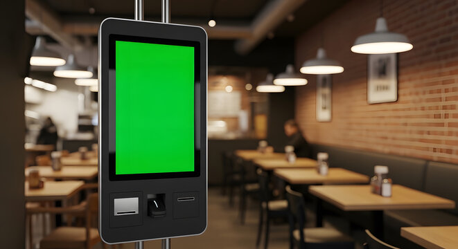 A restaurant kiosk with green screen is displayed in a dining area.
