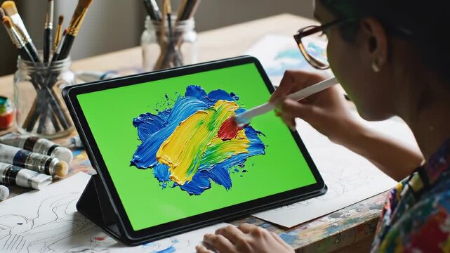 A focused individual digitally painting on a tablet using vibrant colors, surrounded by art supplies on a wooden desk