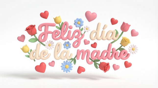 A vibrant 3D rendering of 'Feliz d&iacute;a de la madre' with colorful flowers and hearts, celebrating Mother's Day.