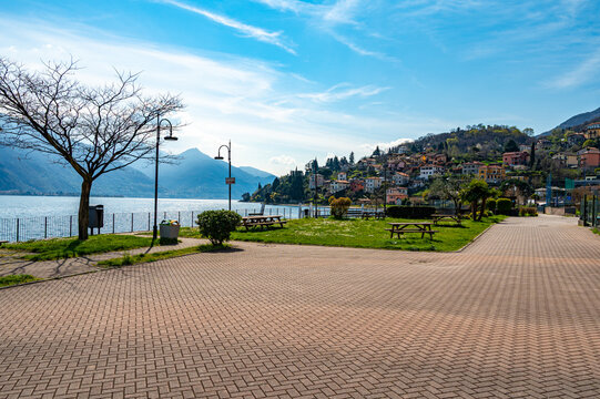 View of Lake Como, looking north, from Musso, with the Alps, the villages and the mountains of Valtellina.
