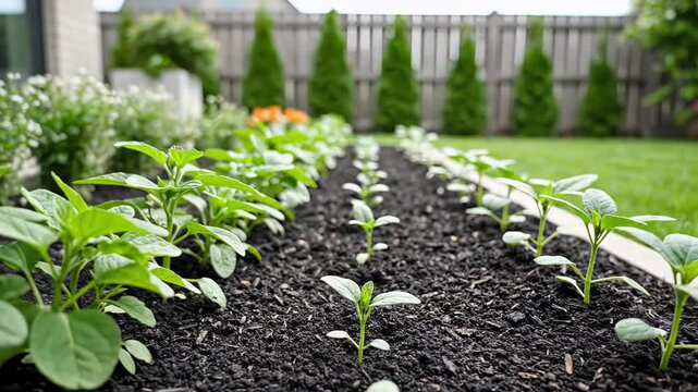 Seedlings grow in garden bed showing different stages of growth. Garden location has clean soil and green plants nearby. Concept of gardening, horticulture, agriculture