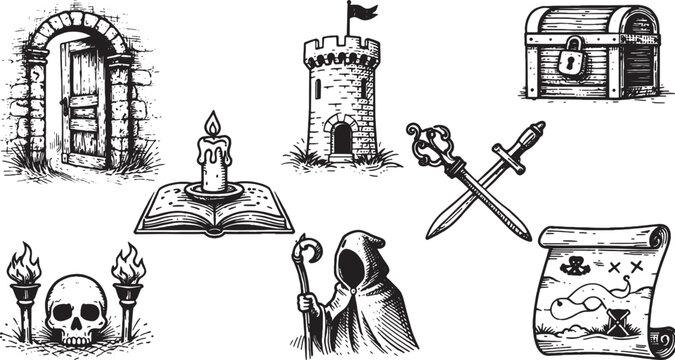Fantasy RPG Game Assets Vector Set with Medieval Castle Tower, Treasure Chest, Skull and Magic Scroll