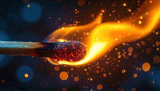 Close-up of a burning matchstick with bright flames and sparks.