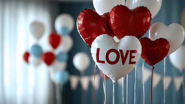 Heart shaped balloon love text red white balloons romantic decoration celebration festive party indoor event decoration cluster soft lighting atmosphere