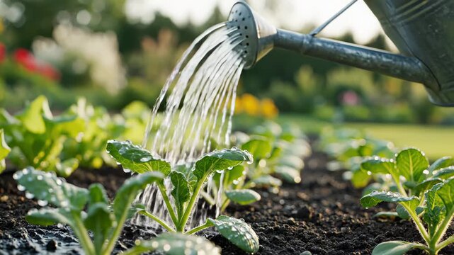 Metal watering can pours water onto rows of young plants in garden. Bright flowers and green surroundings set the scene. Concept of gardening, landscaping, horticulture