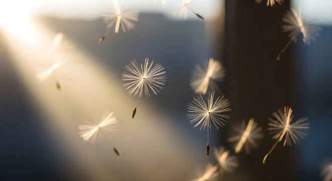 Dandelion Seeds Floating in Golden Sunlight - Nature's Delicate Dance