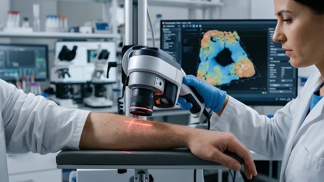 Advanced skin scanning device for medical professional laboratory use detailed skin analysis diagnosis digital imaging arm laser technology clinical scientific research healthcare examination