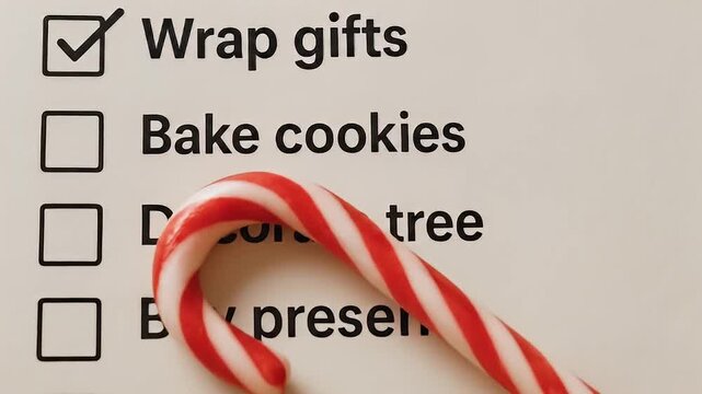 Wrap gifts checklist holiday to do list with red and white candy cane on white background, festive Christmas gift wrapping preparation for seasonal celebration and holiday planning tasks