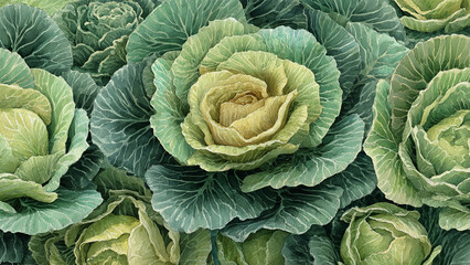 Obraz premium Hand-painted watercolor illustration of cabbage in full frame composition, dense overlapping leaves with soft green tones and layered texture, ideal for food background.