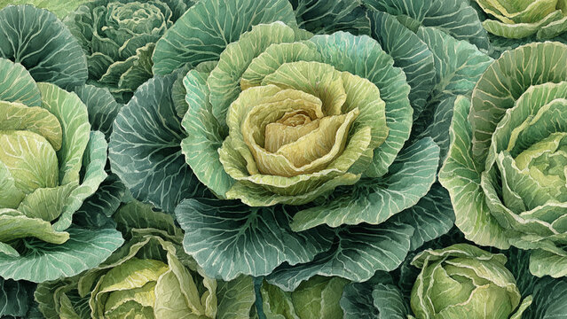 Hand-painted watercolor illustration of cabbage in full frame composition, dense overlapping leaves with soft green tones and layered texture, ideal for food background.