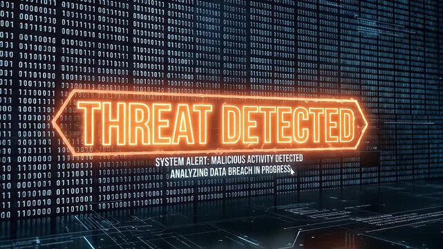 Threat detected system alert malicious activity analyzing data breach progress with glowing orange text digital binary code background cybersecurity concept warning of ongoing data breach and system