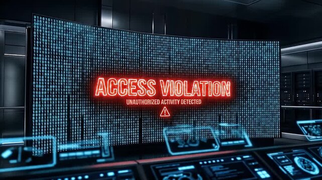 Access violation warning unauthorized activity detected digital security breach cybercrime concept digital screen with binary code background dark server room futuristic control room cybersecurity