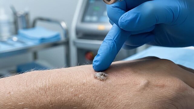 Skin lesion examination with medical glove on hand close up dermatology healthcare checkup laser treatment mole removal procedure clinical setting modern equipment patient care