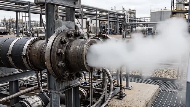 Steam pipe industrial pipe metal pipe steam release factory equipment pressure gauge industrial plant metal flange pipeline system metal structure industrial valve pressure gauge release