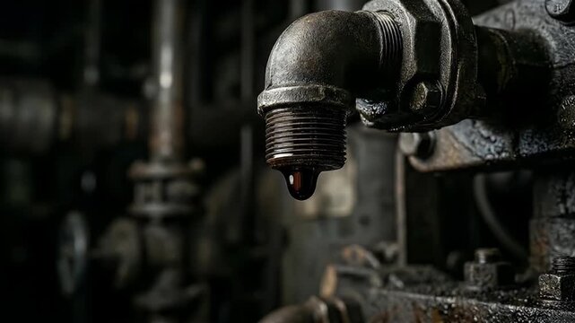 Rusty pipe with oil drop hanging from aged metal in industrial machinery close up showing mechanical corrosion and maintenance needs in dark moody environment