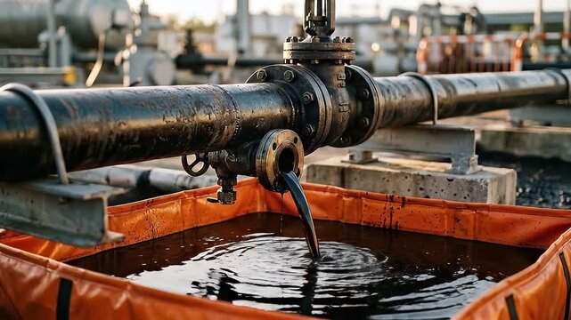 Industrial pipeline with metal valve releasing black liquid oil into orange container at refinery site, outdoor factory setting with fluid transfer and metal pipes for oil spill management