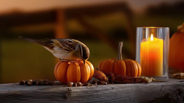 Small bird perched on miniature pumpkin with autumn corn nuts and glowing candle on rustic wooden surface creating warm cozy fall atmosphere and nature wildlife orange decoration