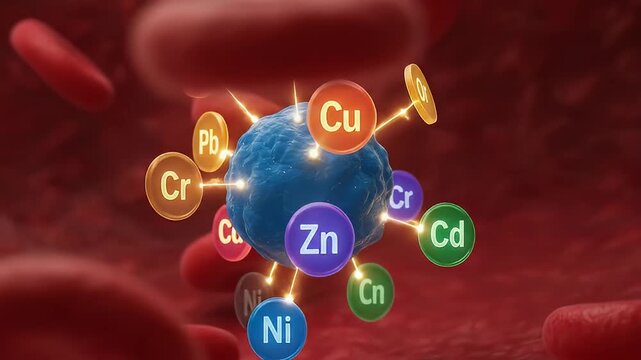 Trace element interaction with heavy metal ion toxicity bloodstream red blood cells, medical illustration of toxic metal exposure, poisoning effects, environmental risk, chemical contamination health