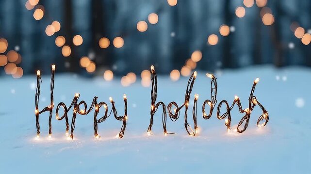 Happy holiday light decoration snow glowing string lights with warm bokeh festive winter celebration and cozy atmosphere featuring snowflakes softly falling in festive winter celebration