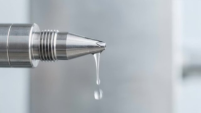 Metal pen tip close up macro shot with flowing clear liquid, shiny smooth surface, precision flow, and fine detail of water droplet reflecting light in minimalistic style