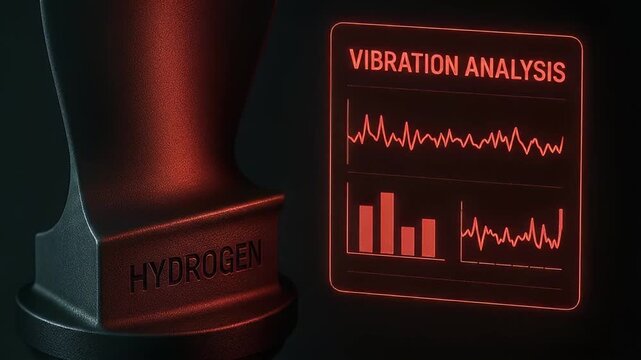 Vibration analysis data with red glowing graphs and black metallic hydrogen object showing industrial scientific monitoring futuristic digital display chart wave signal frequency measurement energy