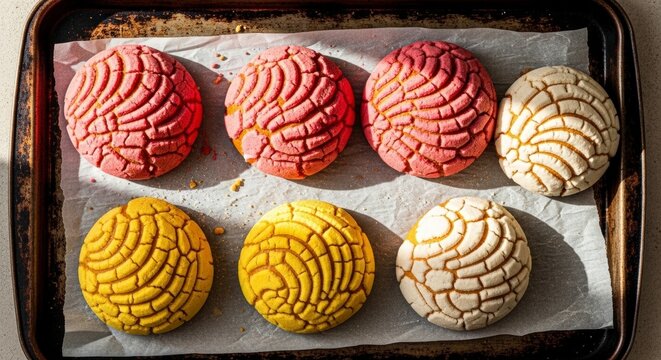 Colorful concha bread on baking sheet.