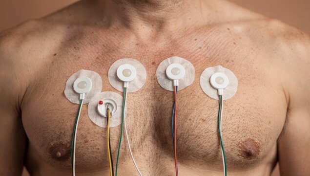 Close-up view of a patient's chest with EKG electrocardiogram sensor electrodes attached for cardiac monitoring representing essential diagnostic procedures and medical wellness.
