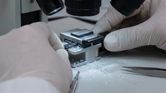 Fiber optic cable cutting tool with gloved hands preparing precise cable for splicing testing in laboratory using microtome blade cutting thin slices of sample for microscopic examination and analysis