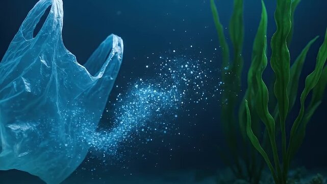 Plastic bag underwater with microplastic particles floating near green seaweed illustrating ocean pollution contamination marine environment threat and spreading pollution in ocean marine life impact