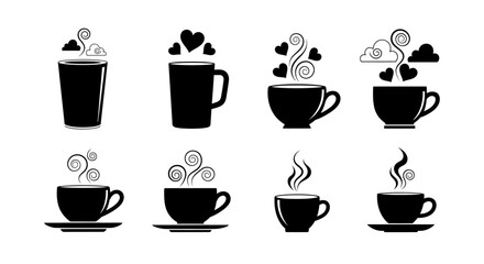 Obraz premium Set of eight black silhouette coffee cups and tall glasses with steam and heart shapes vector illustration on white background