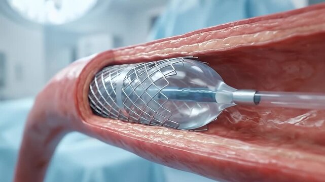 Medical stent artery balloon catheter vascular blood vessel angioplasty close up surgery treatment healthcare cardiovascular intervention metal mesh dilation internal procedure device anatomy blood