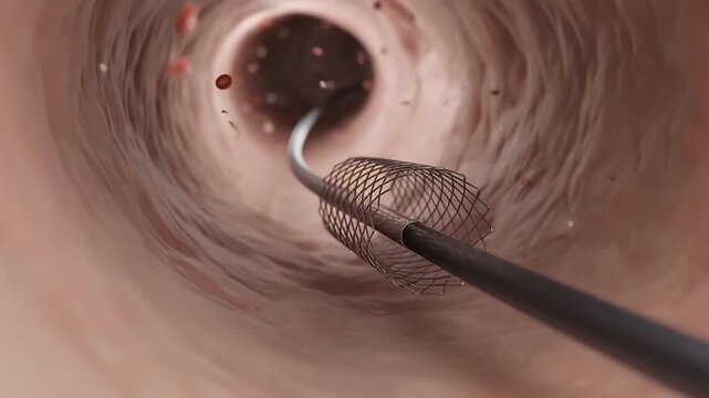Medical stent inside artery with blood cells floating illustrating vascular intervention blood flow restoration detailed 3D medical visualization endovascular stent placement blood vessel medical