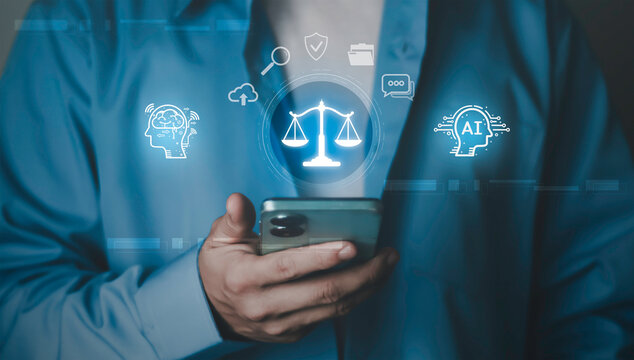 Ethical concepts of AI, digital law compliance, data protection, and responsible technology governance between humans and AI. Businessman using smartphones glowing of a scale of justice.