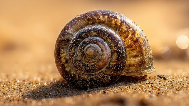 Spiral seashell lying on smooth sand with intricate internal textures visible, soft morning light, shallow depth of field, natural composition, marine still life
