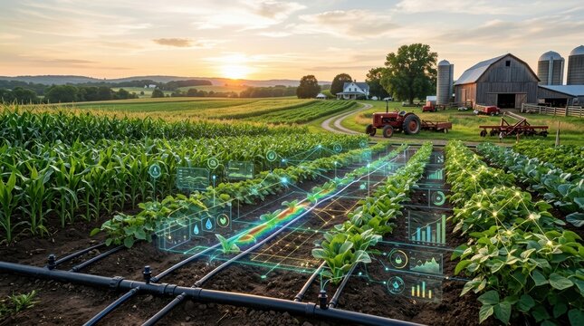 Digital data visualizations enhance lush green fields with a drip irrigation system and distant rural farm buildings at