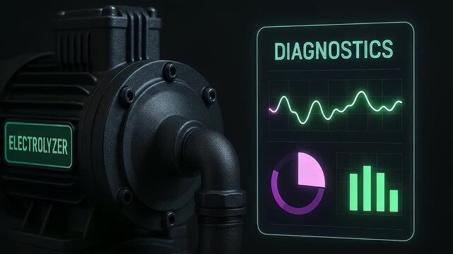 Electrolyzer diagnostics machine technology industrial equipment data graph chart analysis digital control pipe black close up device flow gauge monitoring system mechanical power electric interface