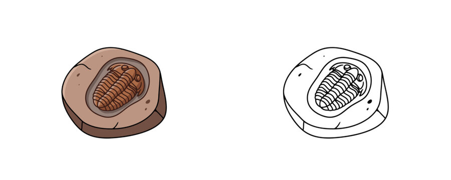 Trilobite fossil in rock vector illustrations shown in colored cartoon and black outline linear styles, earthy brown and grey mineral tones, representing a prehistoric marine arthropod imprint on whit
