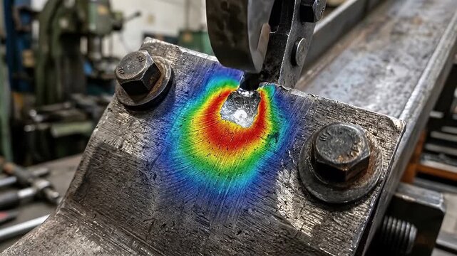 Metal stress analysis colorful strain pattern steel surface industrial metalwork close up bolts cutting tool workshop mechanical engineering vibrant heat map pressure points thermal pattern