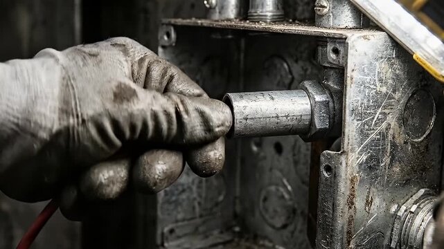 Hand glove holding metal pipe fitting in electrical box close up industrial repair maintenance wire installation conduit connection safety technician work