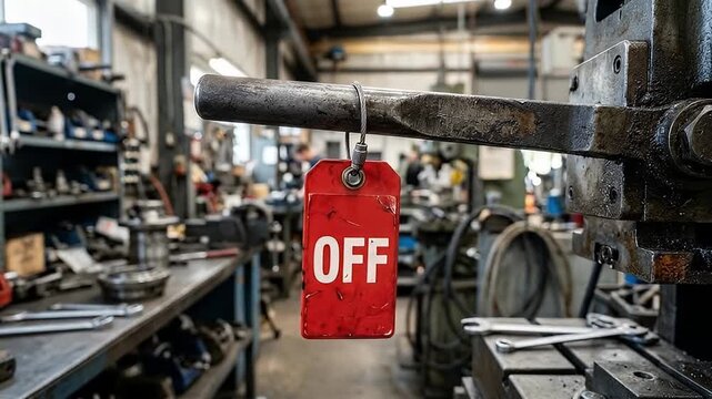 Red off tag hanging on industrial machine handle and metal lever in workshop with tools, equipment, and machinery in background, conveying safety, maintenance, and caution in busy environment
